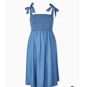 Blue Chambray Smocked Dress with Tie Straps